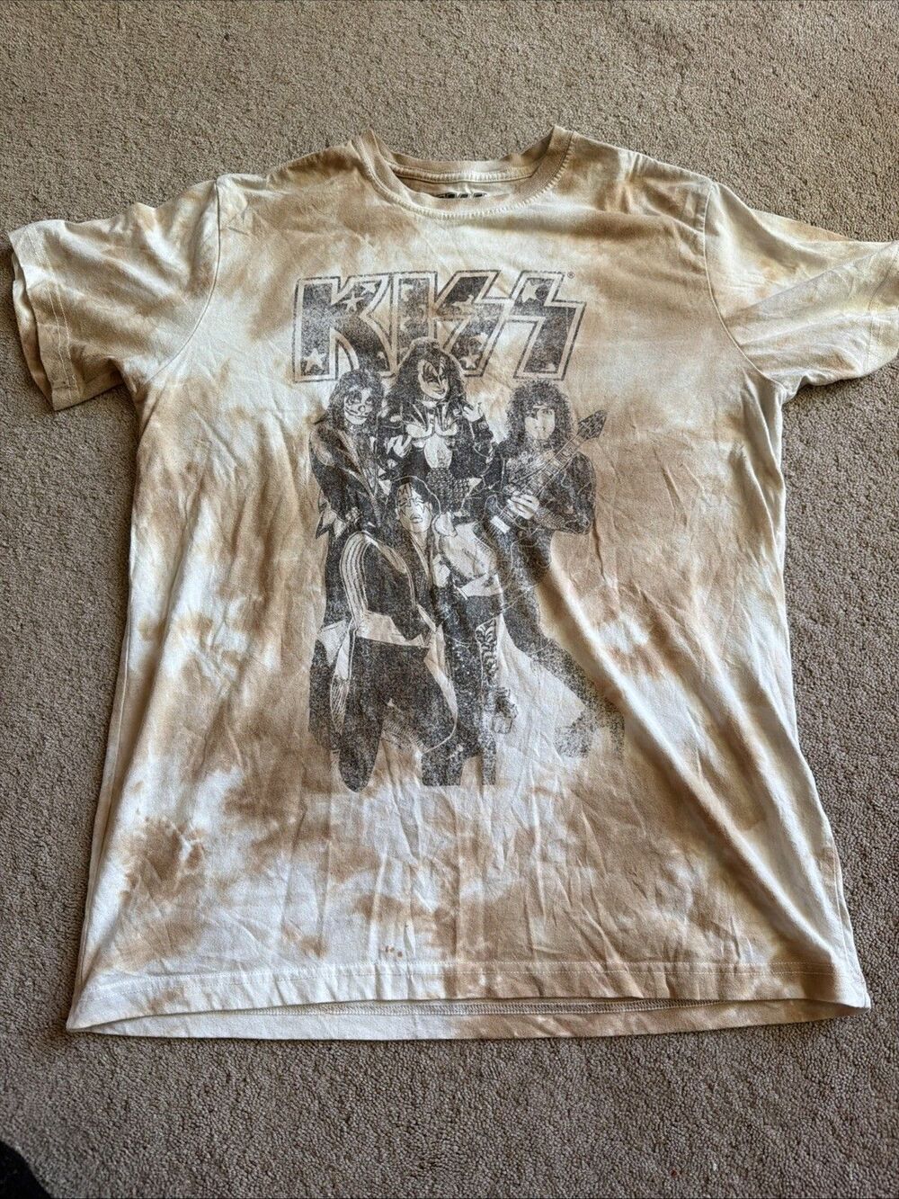 Kiss Tie Dye T Shirt Mens M Short Sleeve Distressed Retro Brown and White